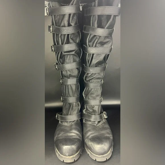 Renboots‎ - Mens Custom Black Leather Strider 7 Buckle Boots, Size:9